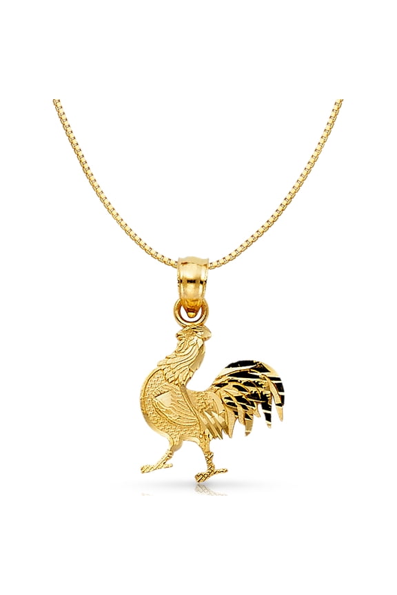 14K Yellow Gold Rooster Charm Pendant with 0.8mm Box Chain Necklace - 16"
