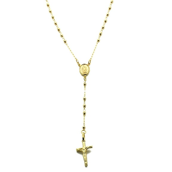 14K Yellow Gold Rosary Necklace 2.5mm Bead Rosary Chain Necklace (16, 18, 20 Inches)
