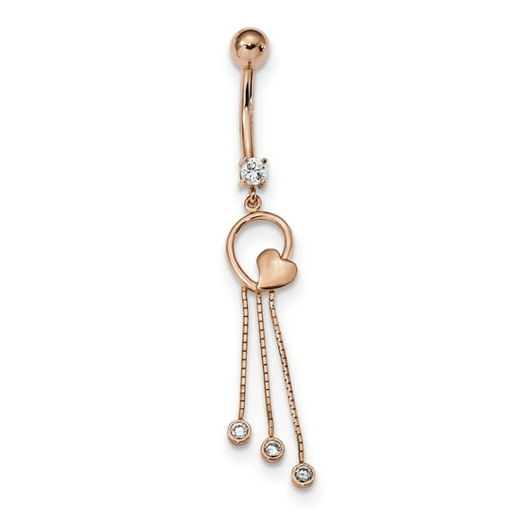 14K Yellow Gold Rose Cubic Zirconia Heart 3-Chain Dangle Belly Ring Naval Jewelry