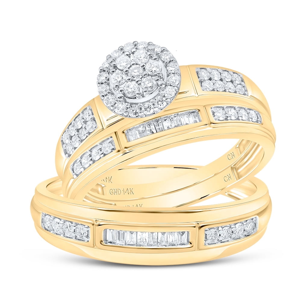 14K Yellow Gold Round & Baguette Cut Diamond Men's Wedding Band & Women ...