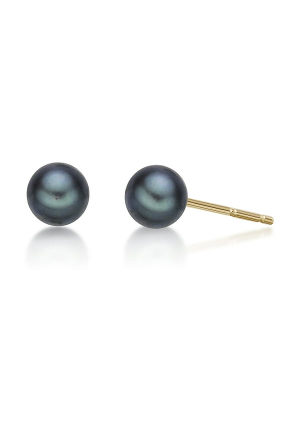 14K Yellow Gold Round Black Pearl Stud Earrings - 4mm