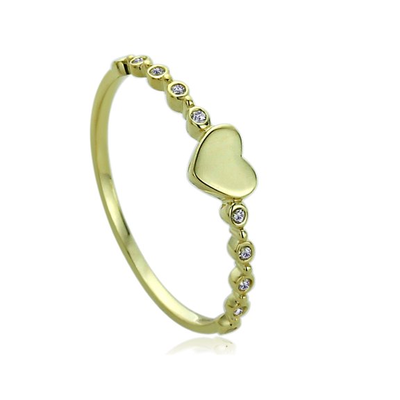 14K Yellow Gold Round CZ Bezel Band Heart Promise Ring