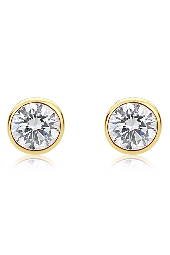 14K Yellow Gold Round CZ Martini Setting Bezel Stud Earrings ( 6mm, 7mm )