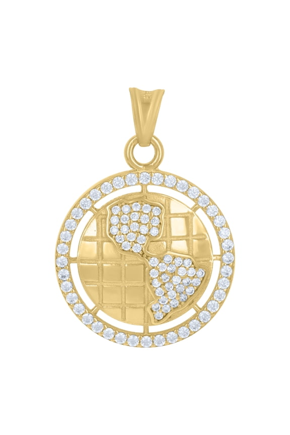 14K Yellow Gold Round CZ Men's Circle Medallion Charm World Map Globe Pendant
