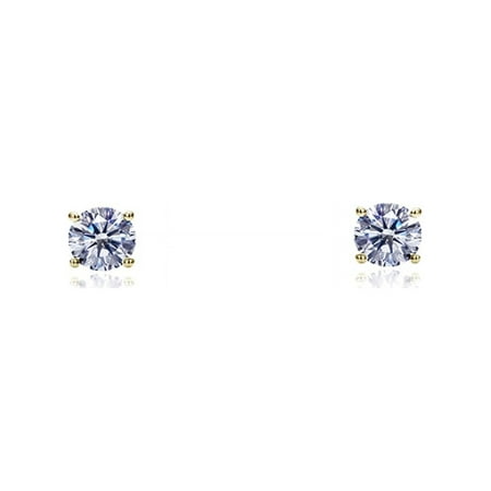 14K Yellow Gold Round Cubic Zirconia Basket Setting Solitaire Stud Earrings - 2MM