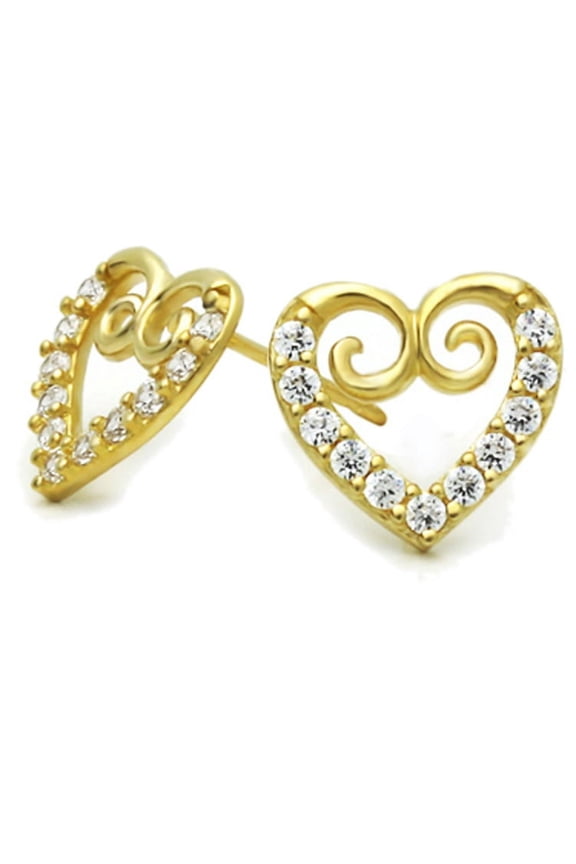 14K Yellow Gold Round Cubic Zirconia Pave Set Exquisite Heart Stud Earrings