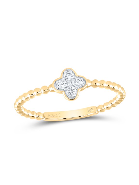 14K Yellow Gold Round Cut Diamond Women's Good Luck 4 Leaf Clover Beaded Right Hand Statement Ring 1/10 Ct.