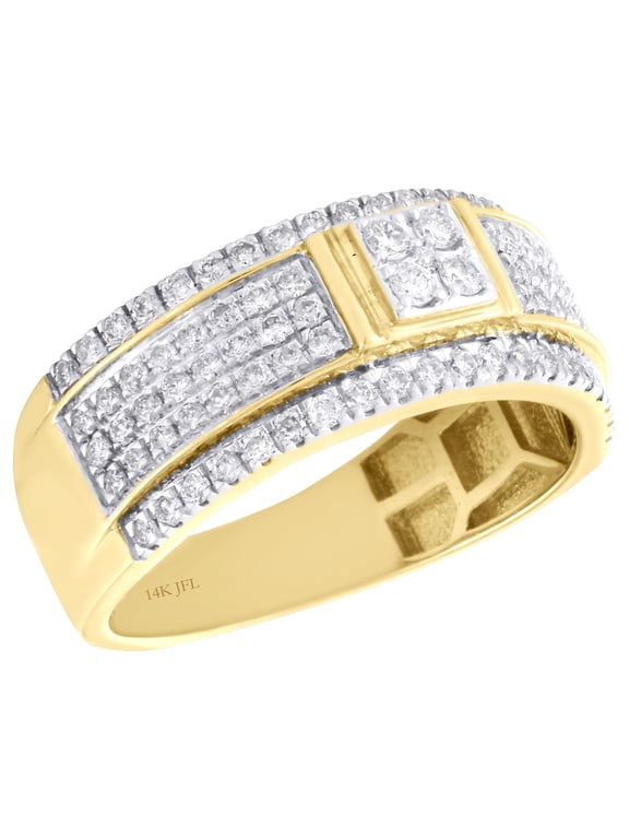 14K Yellow Gold Round Diamond Mens Wedding Band Tiered Quad Center Ring 1 CT.