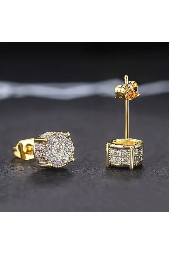 14K Yellow Gold Round Ear Studs for Women/Men Fashion 4 Claw Shiny Rhinestone Stud Earrings Punk Luxury Design Jewelry Gift