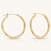 GB JEWELRY & CO. 14K Yellow Gold Round Hoop Earrings with X-Pattern Engraving |25mm - 1 Inch | 2mm Thickness | Great for Women and Girls