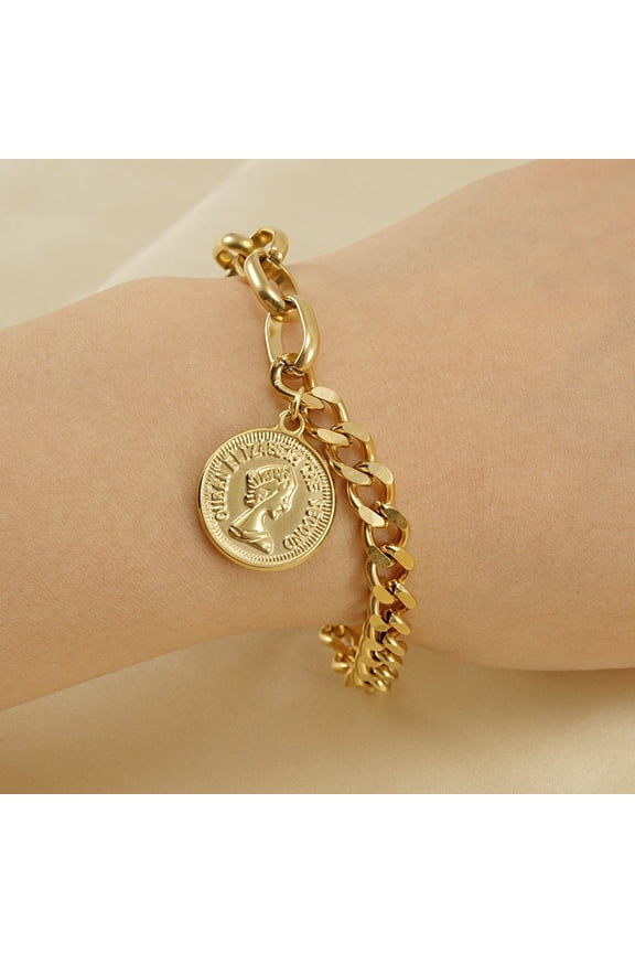 14K Yellow Gold Round Portrait Coin Charm Bracelet for Women Fashion Wrist Chain Jewelry Gifts