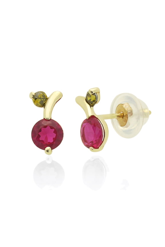 14K Yellow Gold Round Simulated Ruby Cubic Zirconia & Green Cherry Safetyback Stud Earrings