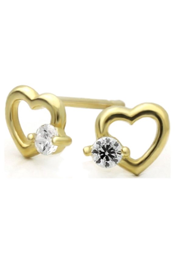 14K Yellow Gold Round Single Cubic Zirconia Accented Heart Safetyback Stud Earrings