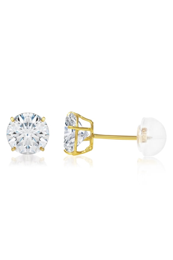 14K Yellow Gold Round Solitaire Cubic Zirconia CZ Stud Push Back Earrings - 1.25ct (7mm)
