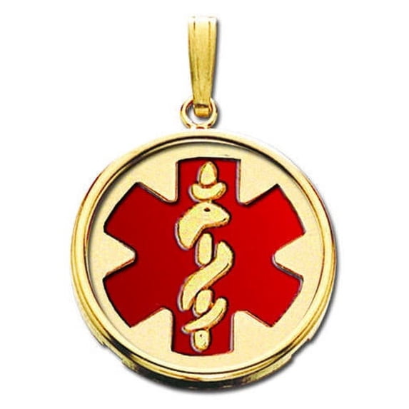14K Yellow Gold Round W/ Bezel Medical Pendant W/ Red Enamel - 1-1/4 Inch X 1-1/4 Inch
