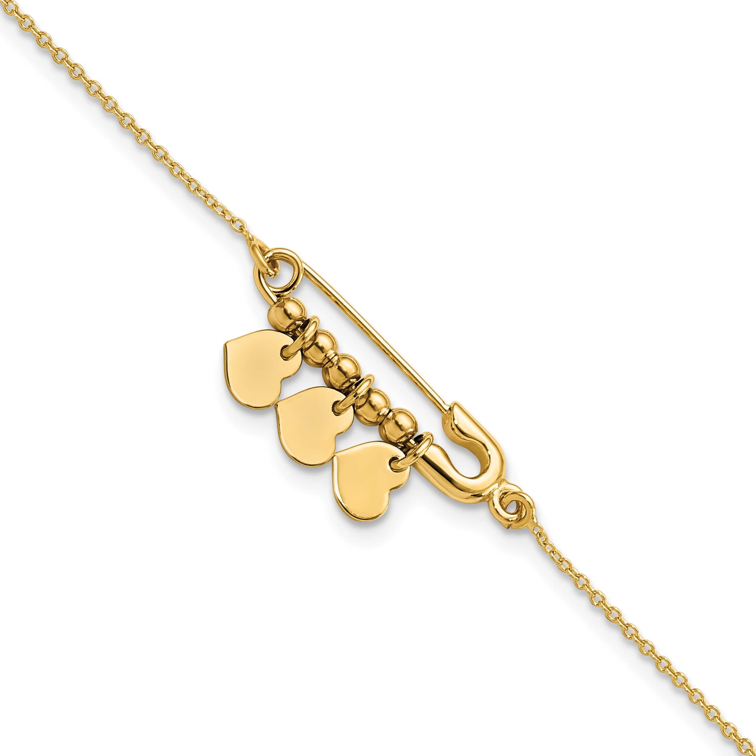 14K Yellow Gold Safety Pin With Dangle Hearts Bracelet Made In Italy fb1870-7