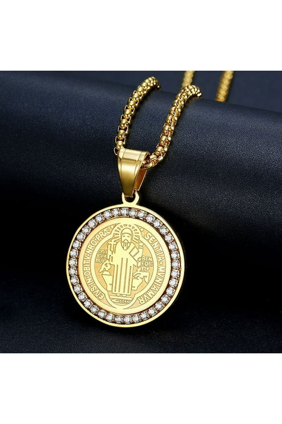 14K Yellow Gold Saint Benedict Medal Necklace for Men Women Catholic Church Prayer Religious Jewelry
