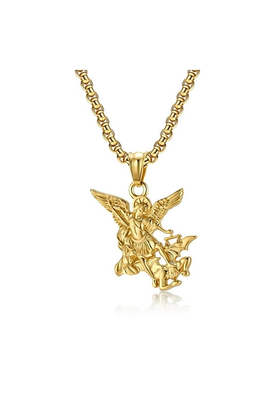 14K Yellow Gold Saint Michael Archangel Pendant Necklace, Vintage Catholicism Jewelry for Men