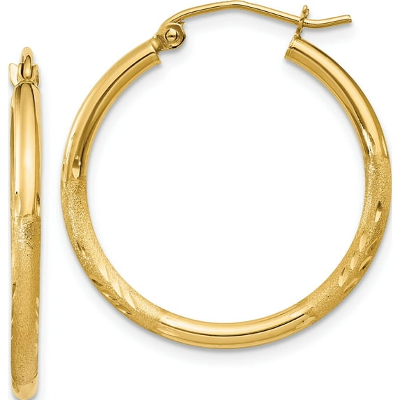 14K Yellow Gold Satin And Diamond-Cut 2mm Round Tube Hoop Earrings (25 X 2) Made In Peru tc209
