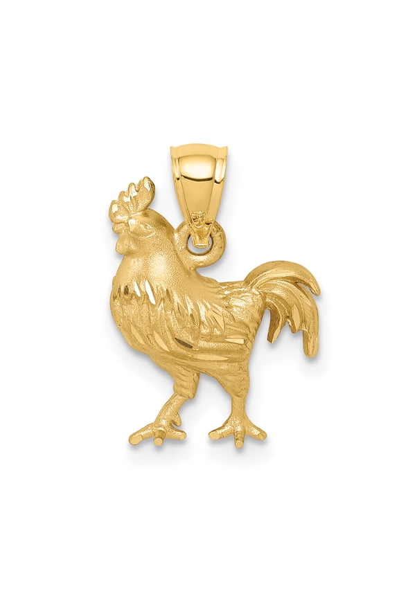 14K Yellow Gold Satin Diamond Cut Rooster Pendant