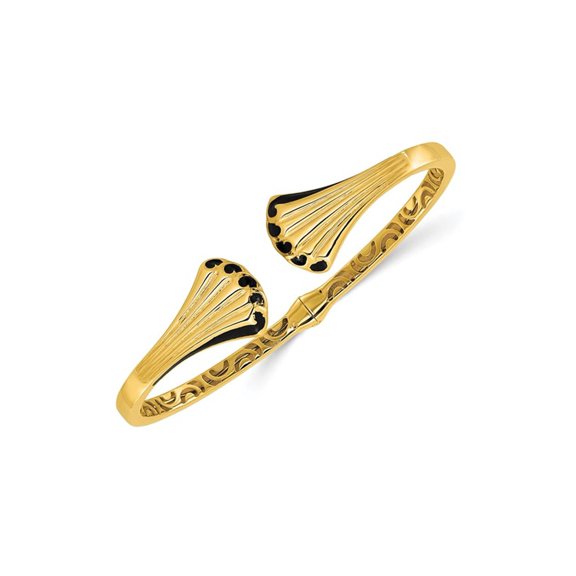 14K Yellow Gold Sea Shell Hinged Cuff Bangle Bracelet with Black Enamel