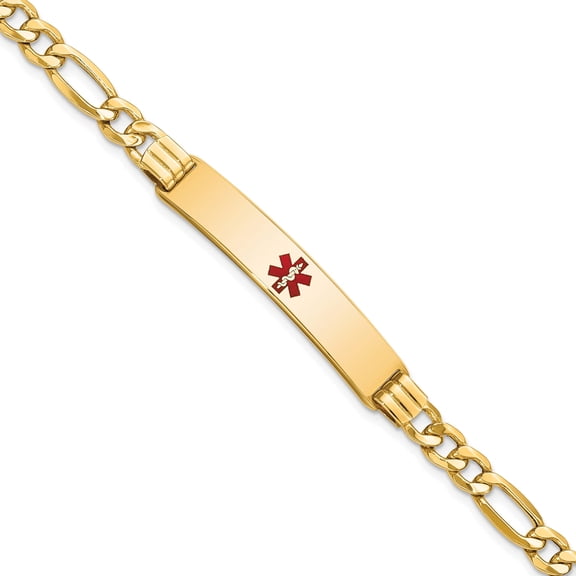 14K Yellow Gold Semi-Solid Medical Red Enamel Figaro Link Id Bracelet (7 X 8) Made In United States xm576cr-7