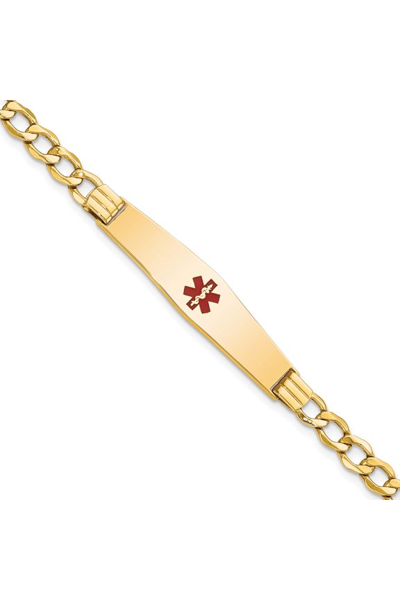 14K Yellow Gold Semi-Solid Medical Soft Diamond Shape Red Enamel Curb Id Bracelet (8 X 9) Made In United States xm572cc-8