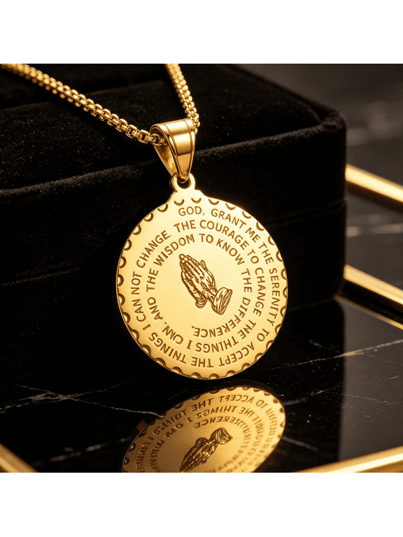 Praying Hands Engraved Round Medallion Charm Pendant Box Chain Necklace For Men Women, 14K Gold Filled Sleek Profile Classic Understated Craft Jewelry