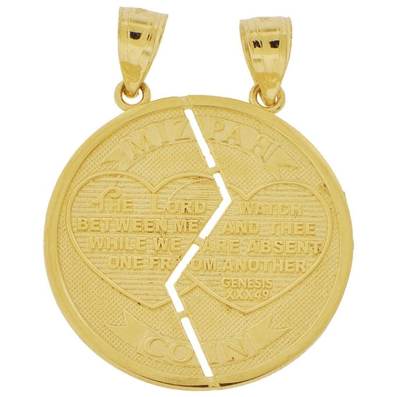 14K Yellow Gold, Sharing Split Mizpah Round Pendant Charm for Two 22mm with 16" Dainty Neck Chain