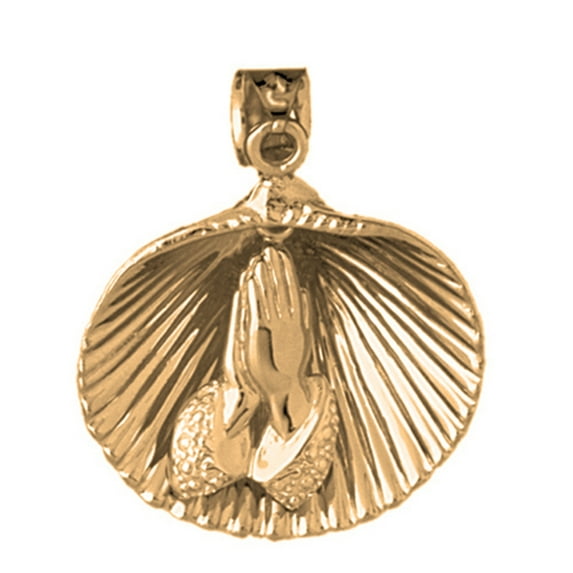 14K Yellow Gold Shell With Praying Hands Pendant - 37 mm