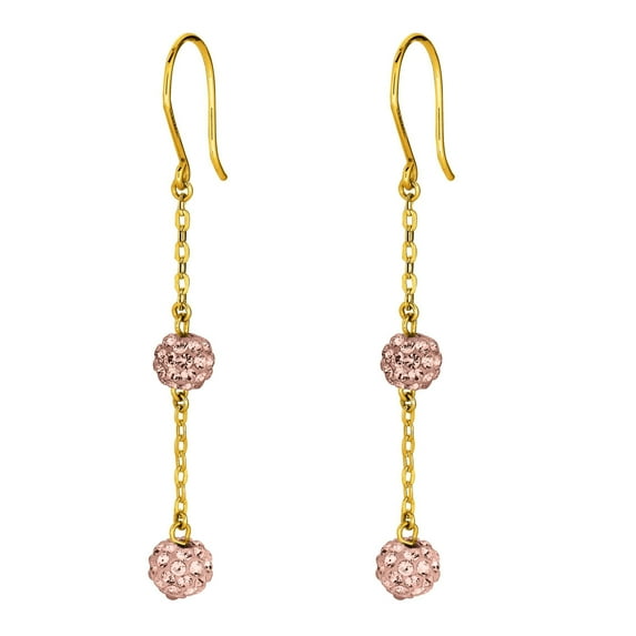 14K Yellow Gold Shiny Cable Chain Link with 2 Rose Crystal Ball Drop Earring