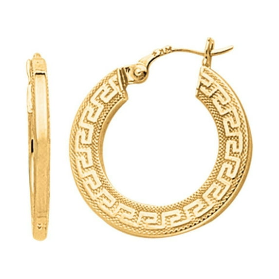 14K Yellow Gold Shiny Small Greek Key Textured Hoop Earrings with Hinged by IcedTime