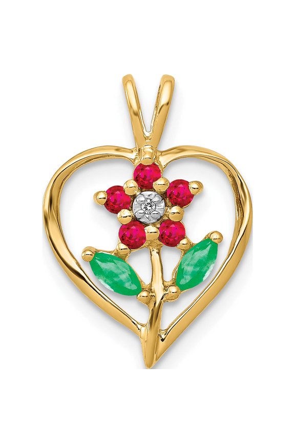 14K Yellow Gold Siam Ruby/Emerald/Diamond Flower In Heart Pendant Made India pm5274-ru-001-ya
