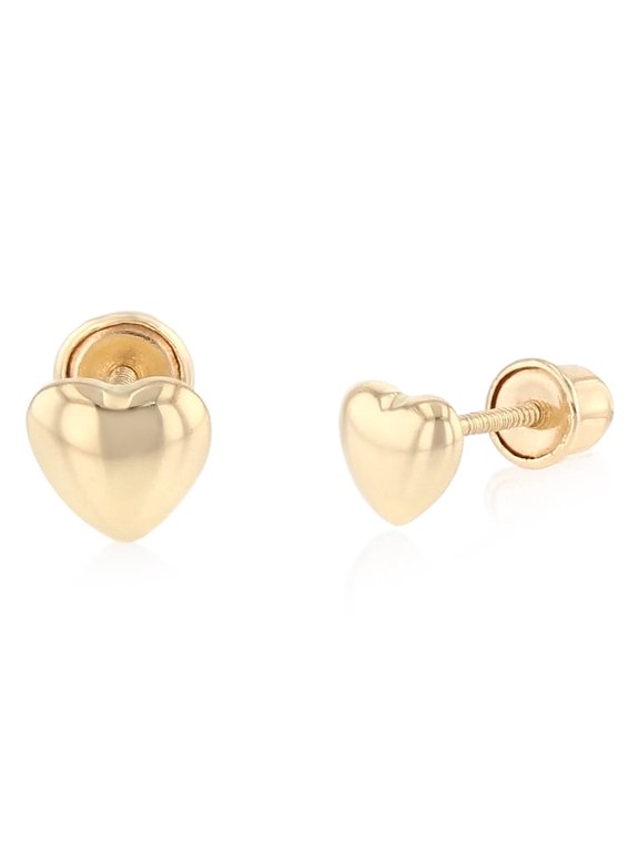 14K Yellow Gold Simple Plain Minimalist Heart Screw Back Stud Earrings