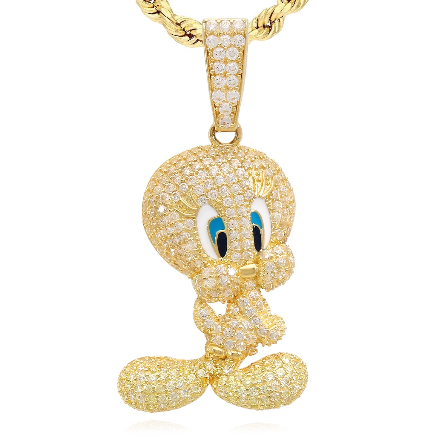 14K Yellow Gold Simulated Diamond Pave Blue Eyes Tweety Bird Charm