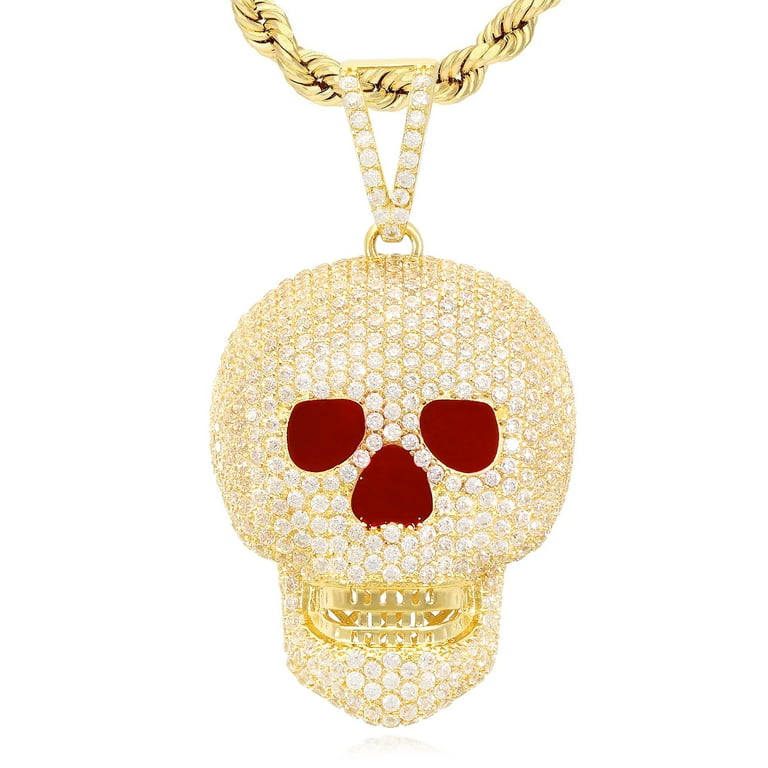 14K Yellow Gold Simulated Diamond Pave Iced Out Classic Skull
