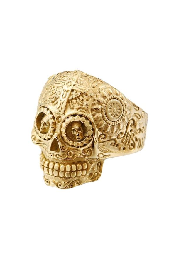 14K Yellow Gold Skull Rings For Men Mexican Rings Retro Gold Color Cross Sun Flower Engraved Punk Jewelry