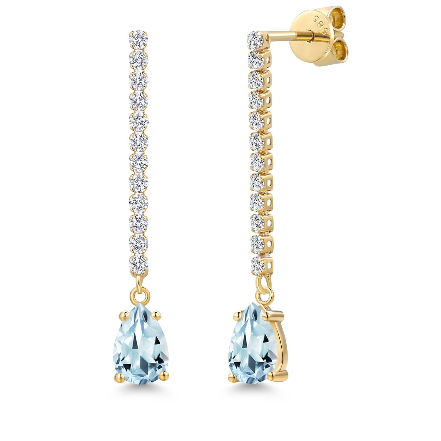 14K Yellow Gold Sky Blue Aquamarine and White Lab Grown Diamond Long Liner Dangle Earrings for Women | 1.66 Cttw | Gemstone March Birthstone | Pear Shape 7X5MM | White Gold Chain Drop Earrings