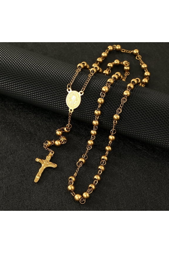 14K Gold Plated Small Rosary Beads Necklace – Ladies' Jesus Cross Jewelry Necklace