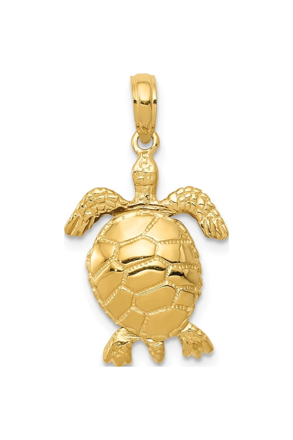 14K Yellow Gold Solid Polished 3-D Turtle with Moveable Head and Legs Pendant