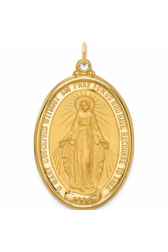 14K Yellow Gold Solid Polished/Satin Extra Large Oval Miraculous Medal (41 X 24.6) Made In United States -Jewelry By Sweet Pea
