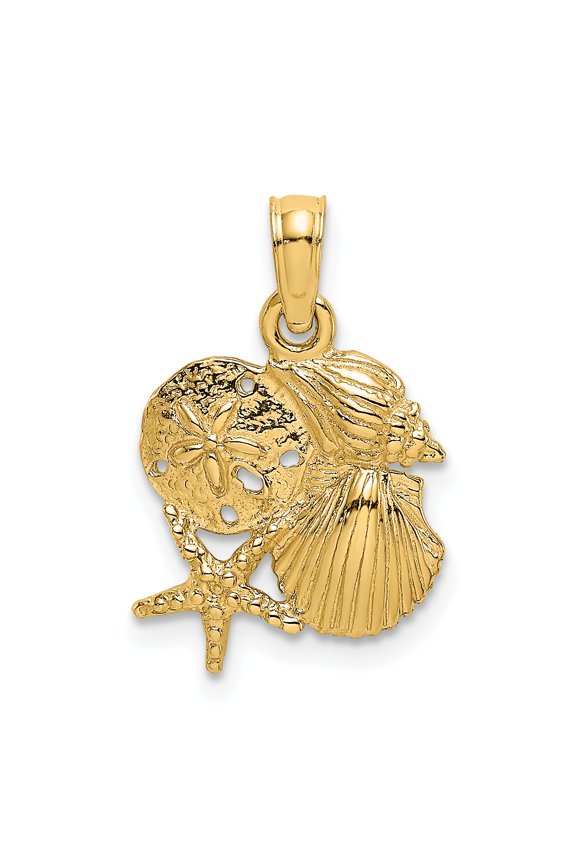 14K Yellow Gold Solid Polished Textured Finish Four Shell Cluster Pendant