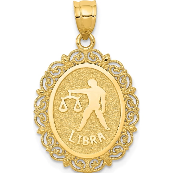 14K Yellow Gold Solid Satin Polished Libra Zodiac Oval Pendant (28 X 17) Made In United States c2849