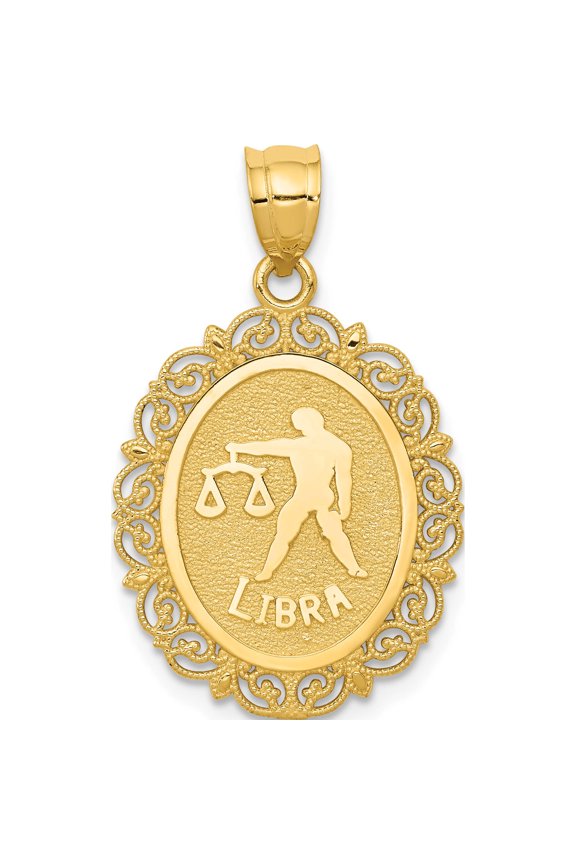 14K Yellow Gold Solid Satin Polished Libra Zodiac Oval Pendant