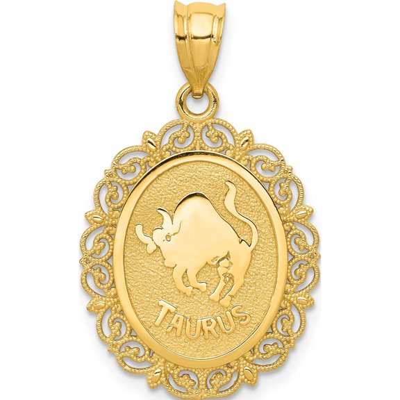 14K Yellow Gold Solid Satin Polished Taurus Zodiac Oval Pendant (28 X 17) Made In United States c2844