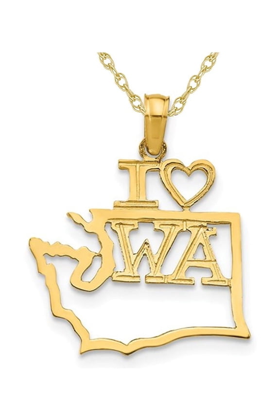 14K Yellow Gold Solid Washington State Charm Pendant Necklace with Chain for Women