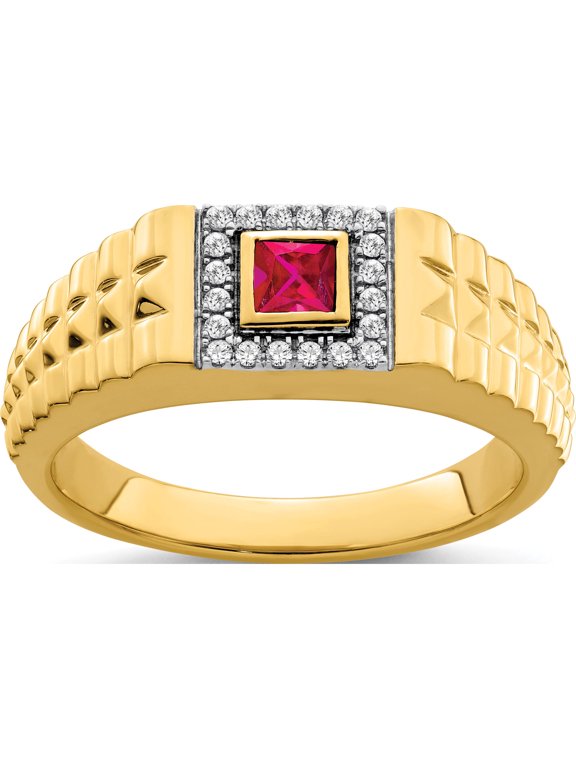 14K Yellow Gold IB Goodman 14K 3.8mm Square Ruby and 1/8 carat Diamond Halo Mens Ring