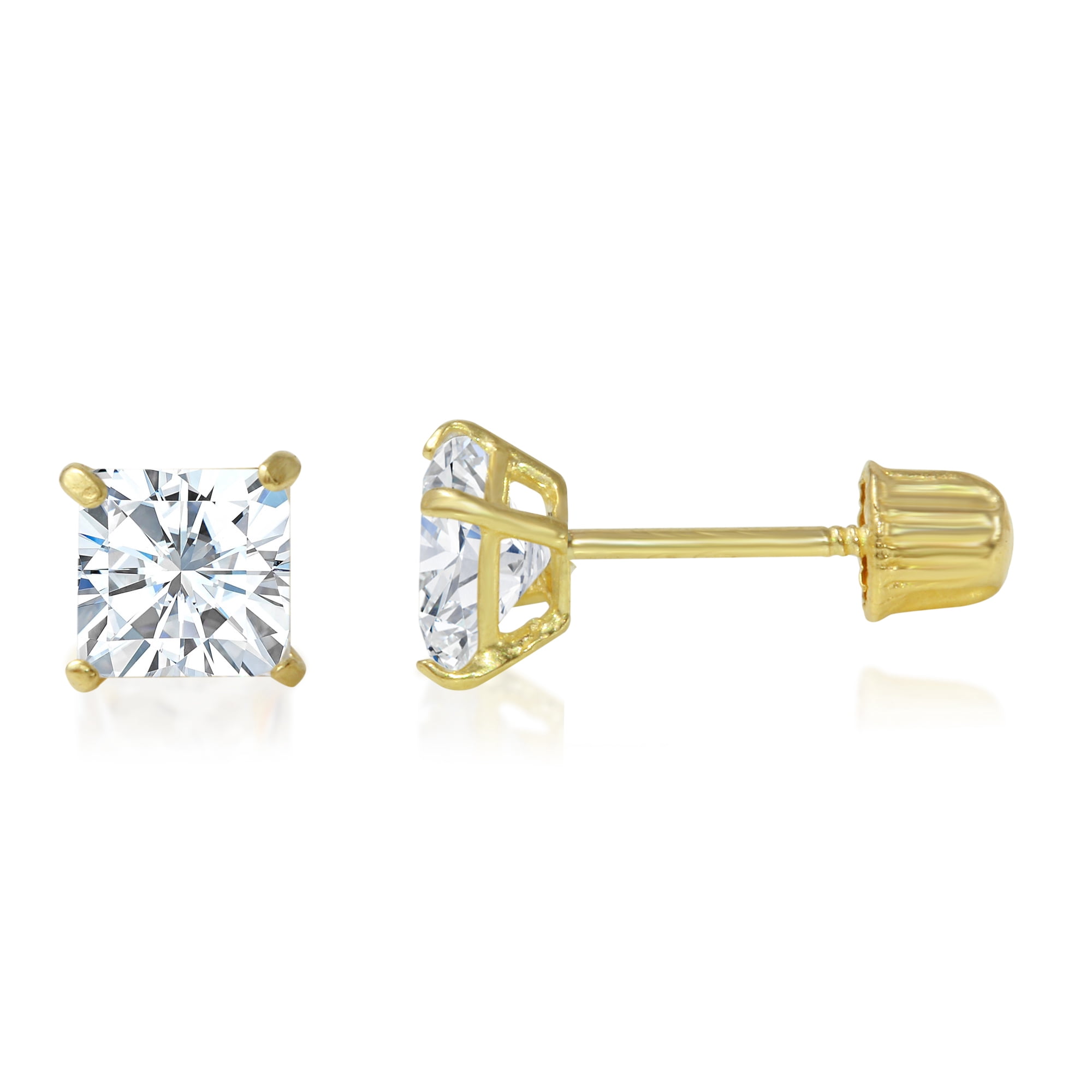 14K Yellow Gold Square Solitaire Princess Cut Cubic Zirconia CZ Stud ...