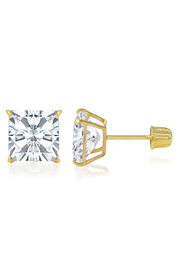 14K Yellow Gold Square Solitaire Princess Cut Cubic Zirconia CZ Stud Screw Back Earrings - 1.75ct (7mm)