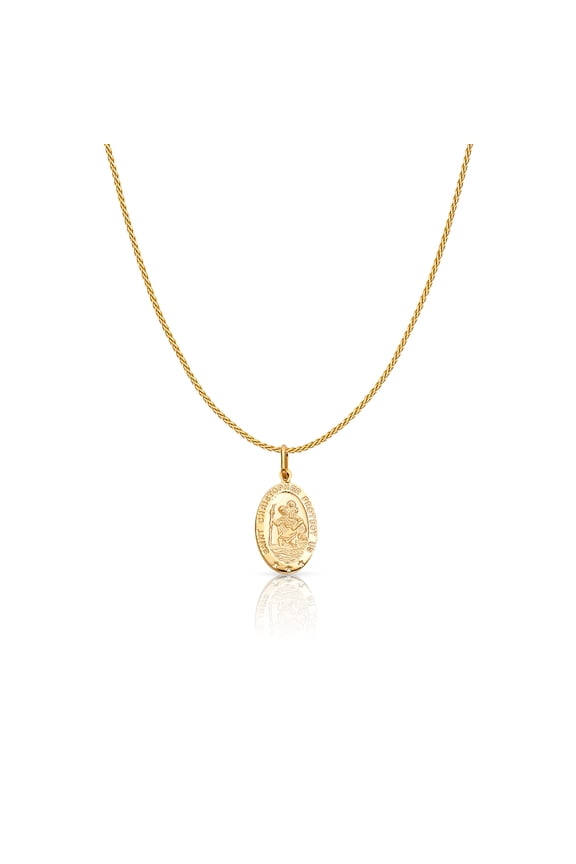 14K Yellow Gold St. Christopher Protect Us Charm Pendant with 0.9mm Wheat Chain Necklace - 24"